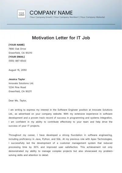 Free Motivation Letter for IT Job Template to Edit Online