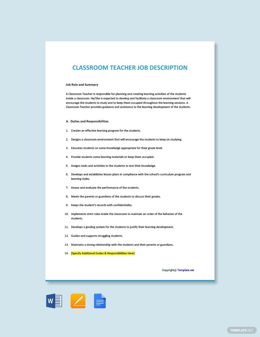 Classroom Teacher Job Ad Description Template Google Docs Word 