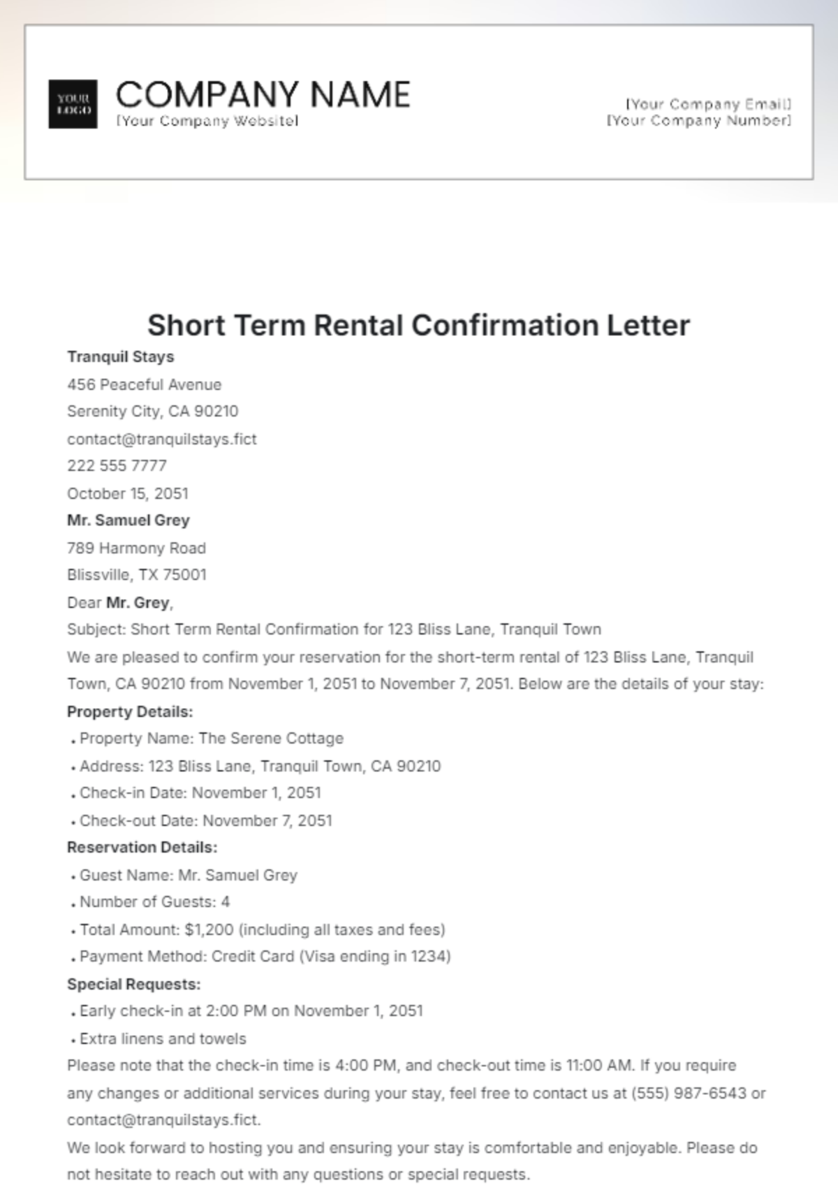 Short-Term Rental Confirmation Letter Template - Edit Online & Download