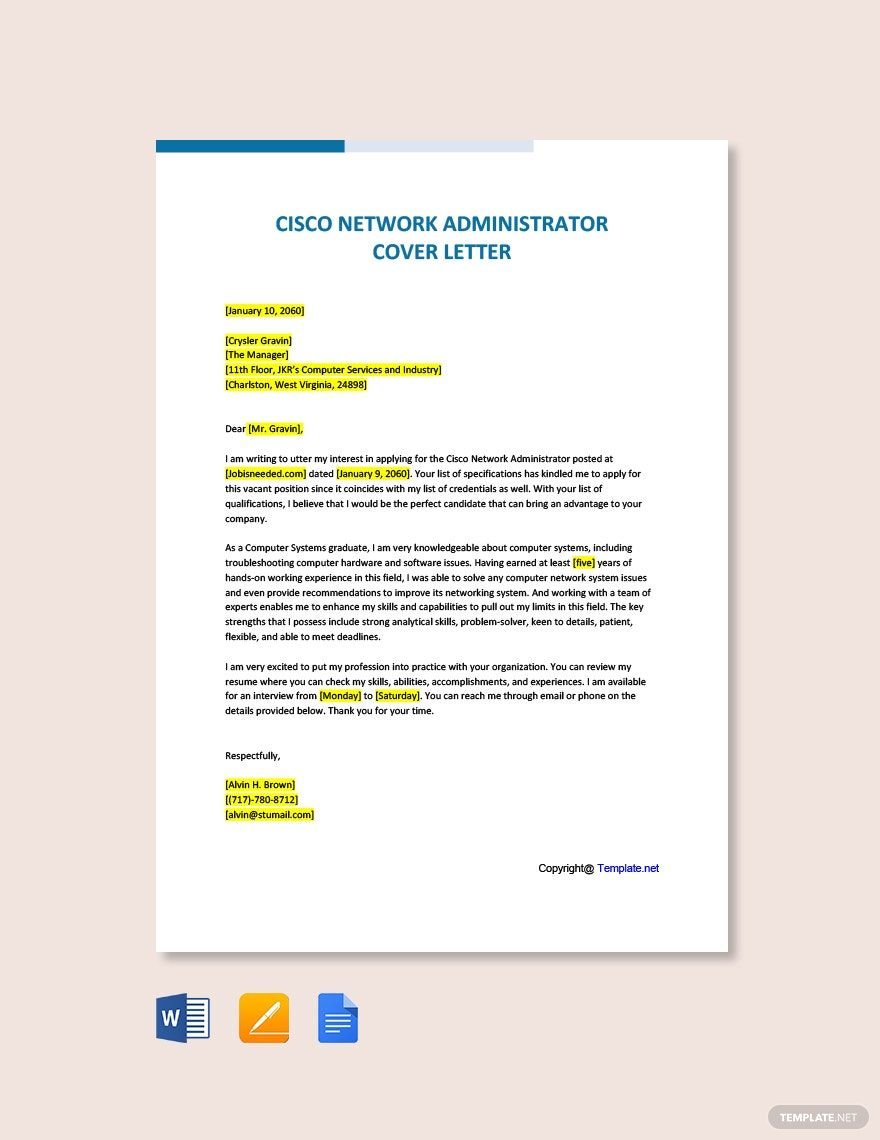 Cisco Network Administrator Cover Letter in Word, Google Docs, PDF, Apple Pages