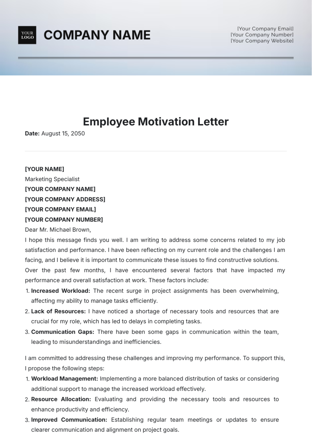 Employee Motivation Letter Template - Edit Online & Download