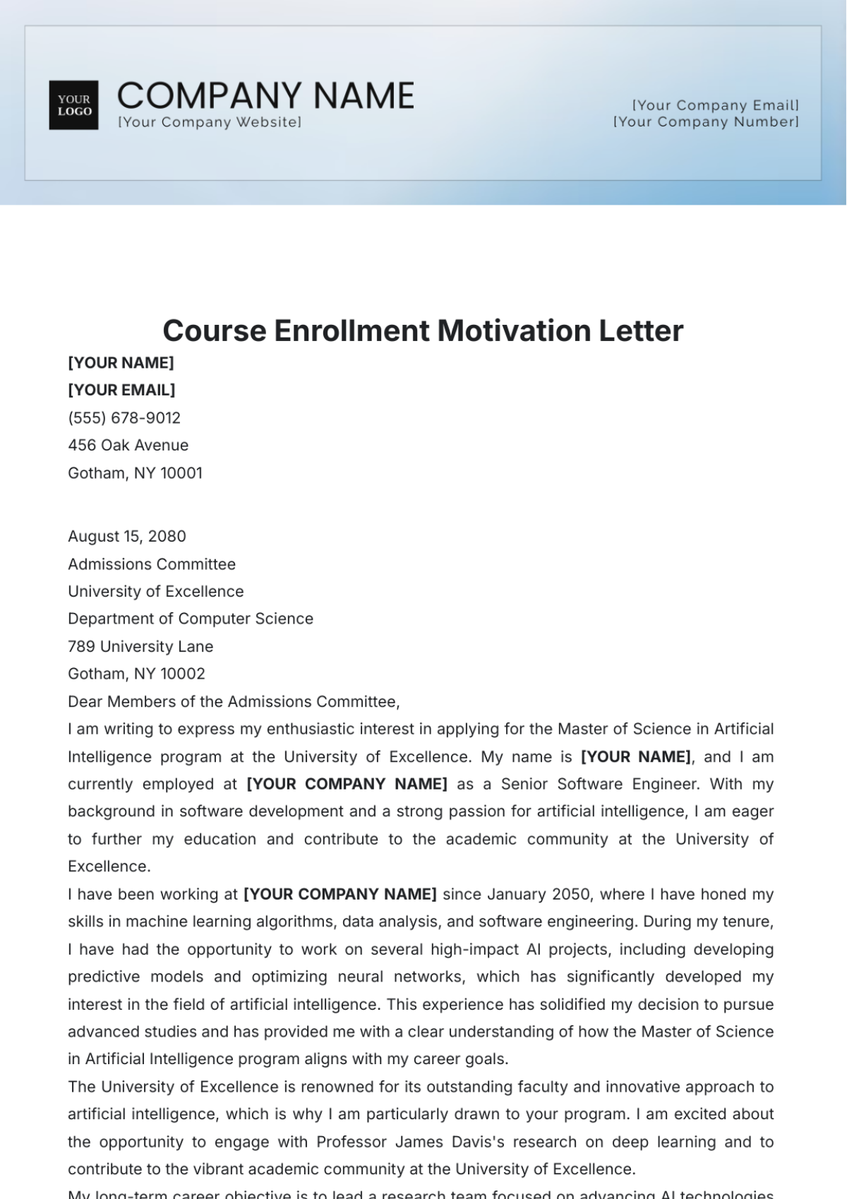 Course Enrollment Motivation Letter Template - Edit Online & Download