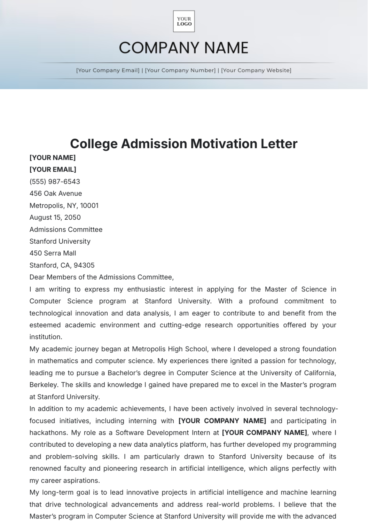 College Admission Motivation Letter Template - Edit Online & Download