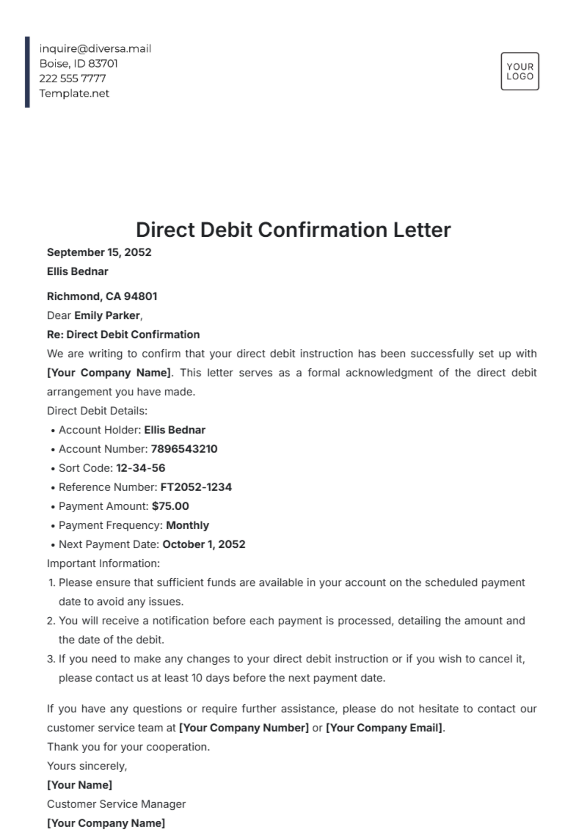 Direct Debit Confirmation Letter Template - Edit Online & Download