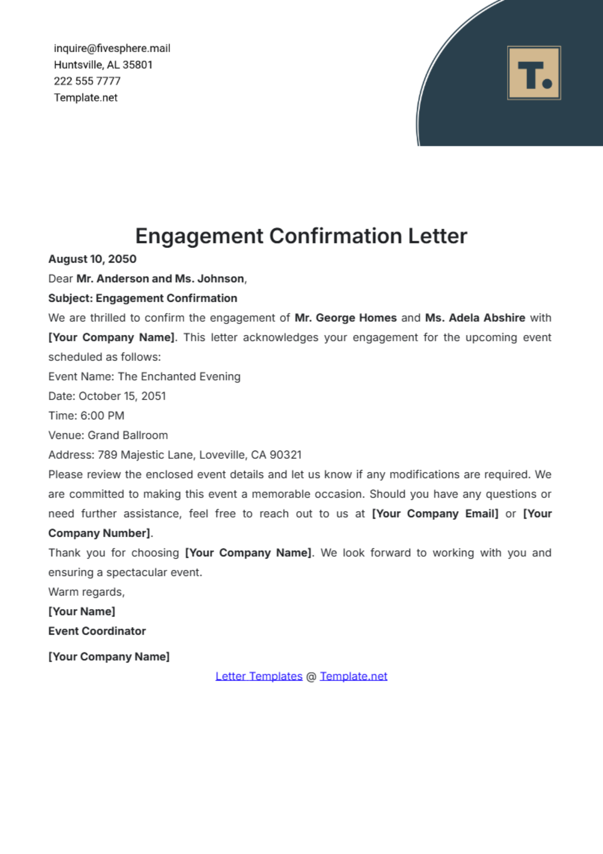 Engagement Confirmation Letter Template - Edit Online & Download