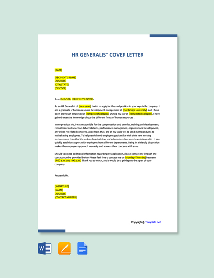 HR Generalist Cover Letter Template - Google Docs, Word | Template.net