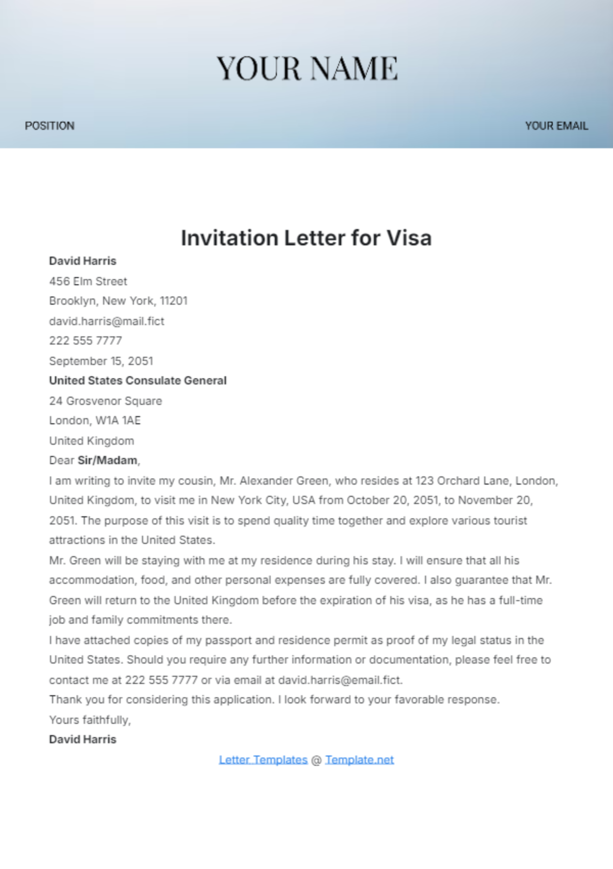 Invitation Letter for Visa Application Template