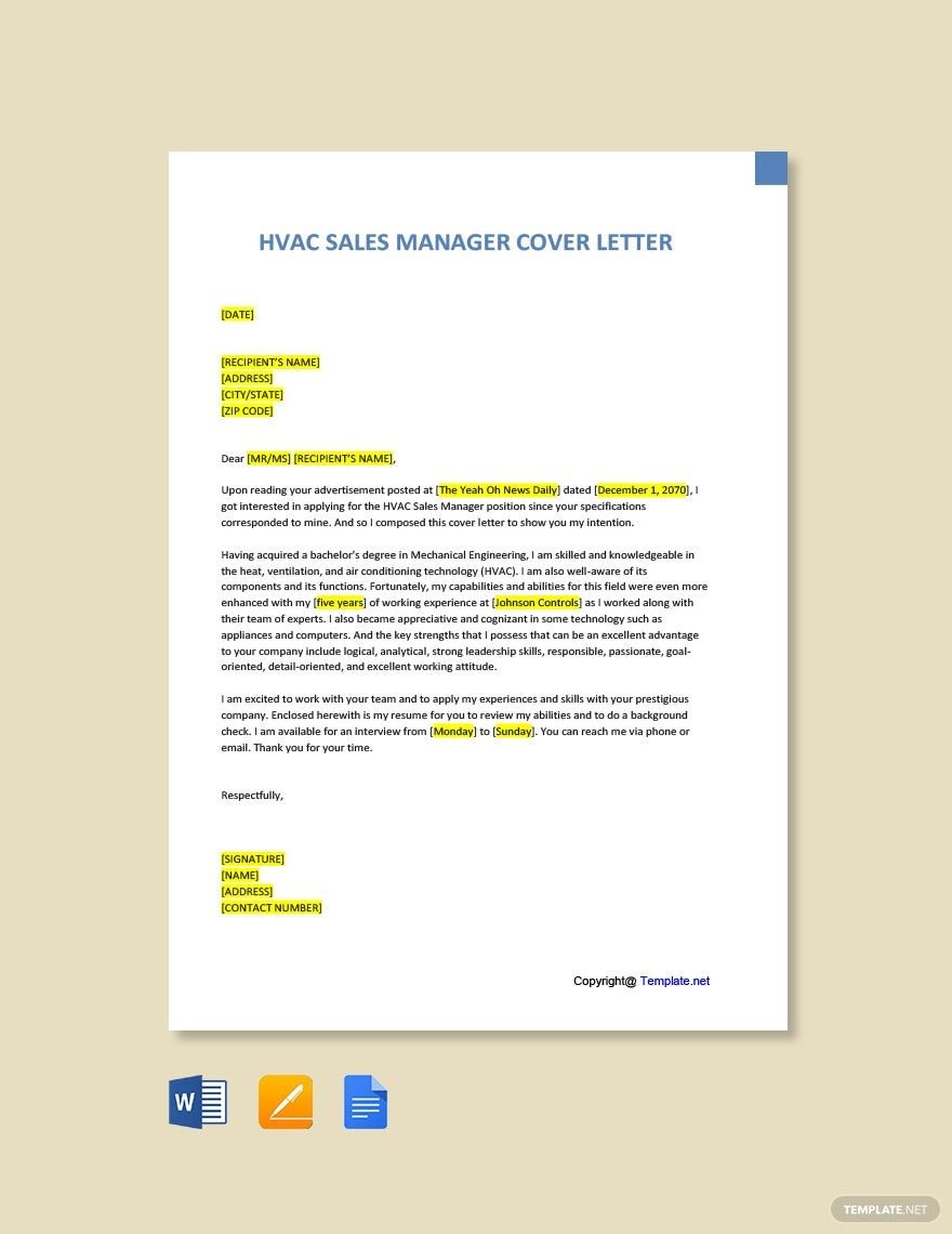 HVAC Sales Manager Cover Letter Template