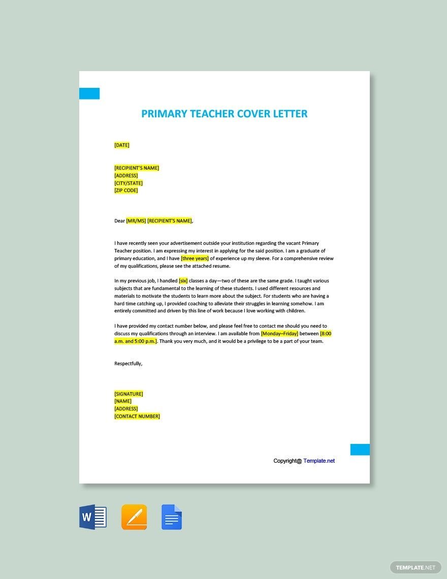 Primary Teacher Cover Letter