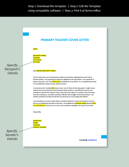 Primary Teacher Cover Letter Template - Google Docs, Word, Apple Pages ...