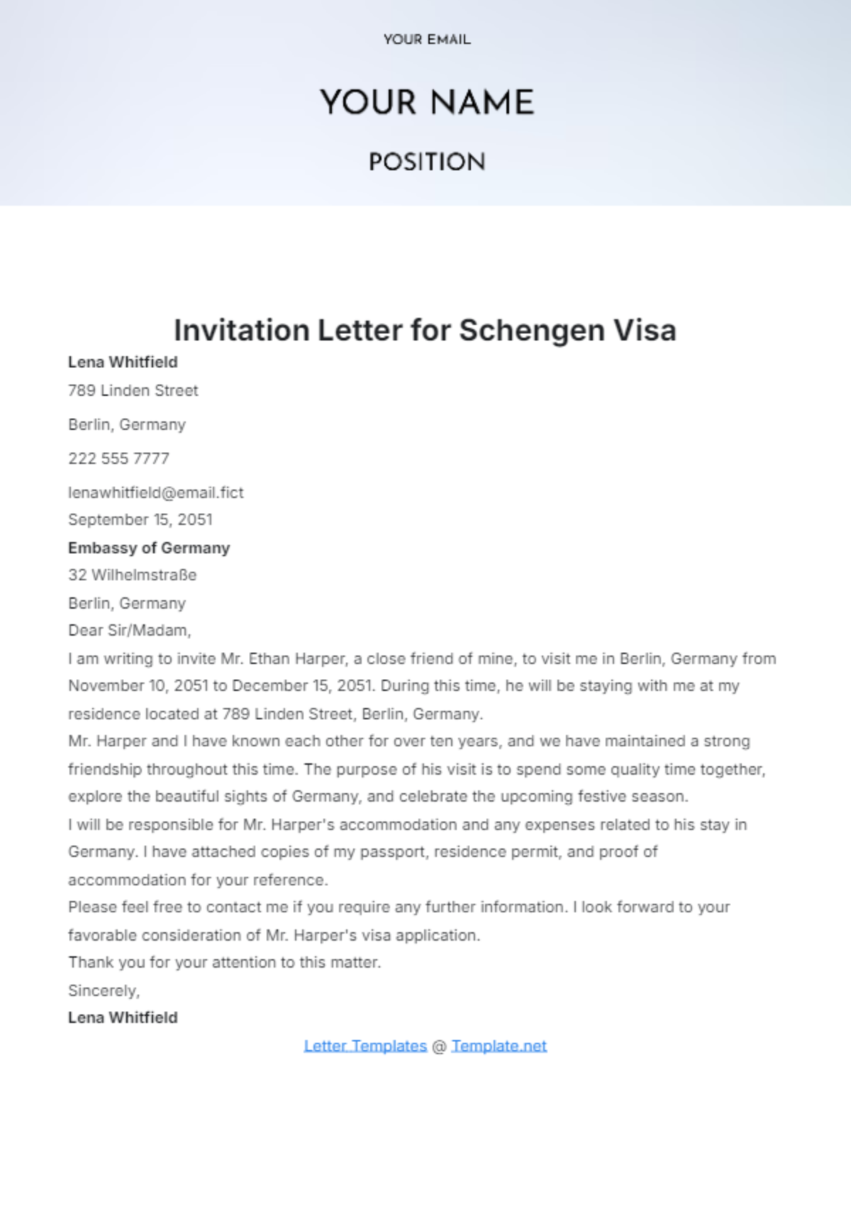 Invitation Letter for Schengen Visa Template