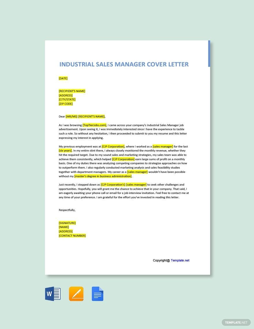 Industrial Sales Manager Cover Letter