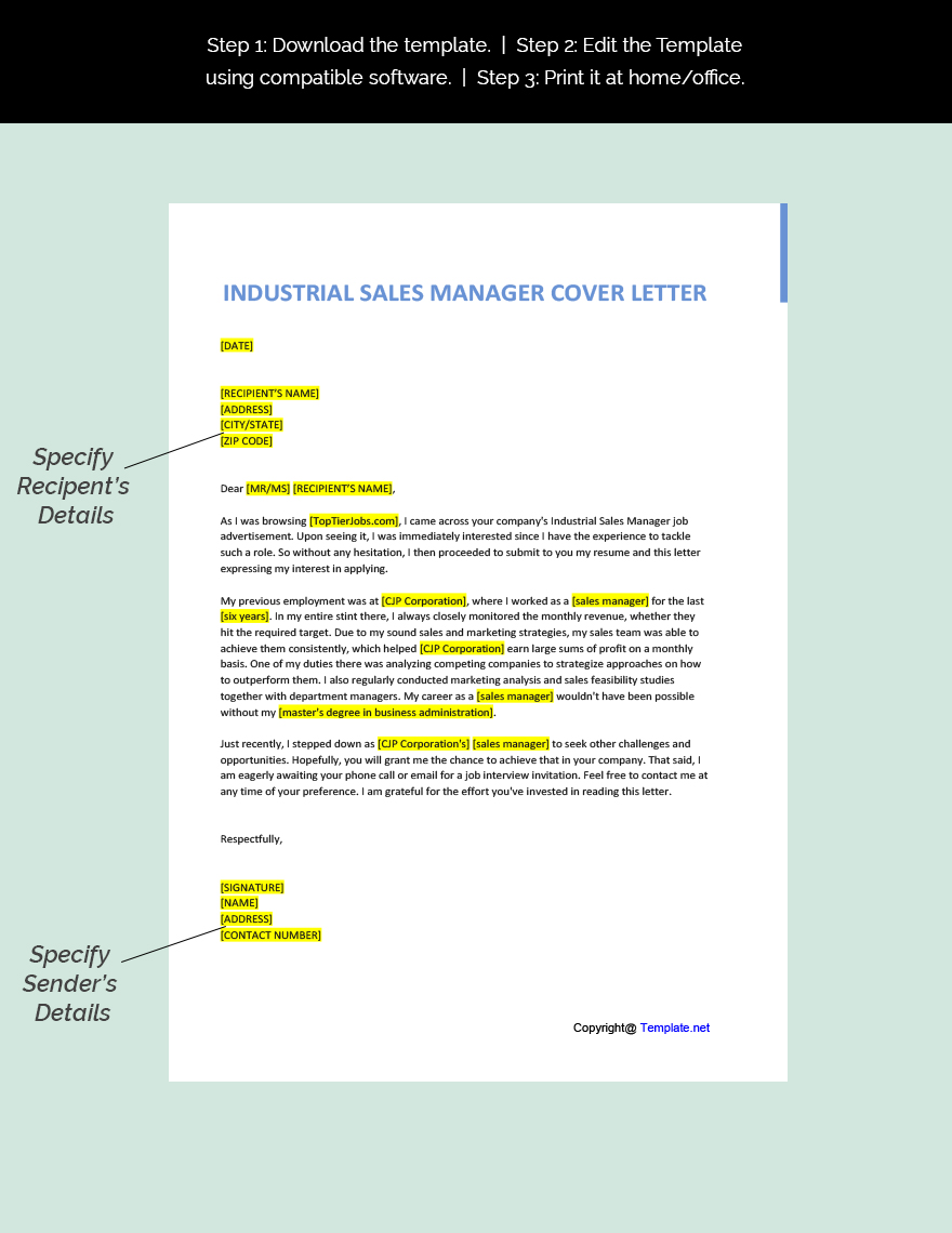 Industrial Sales Manager Cover Letter