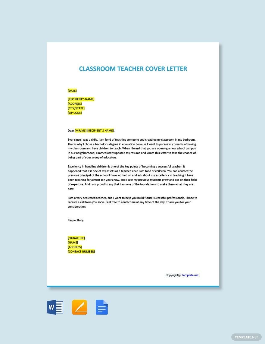 Classroom Teacher Cover Letter Template