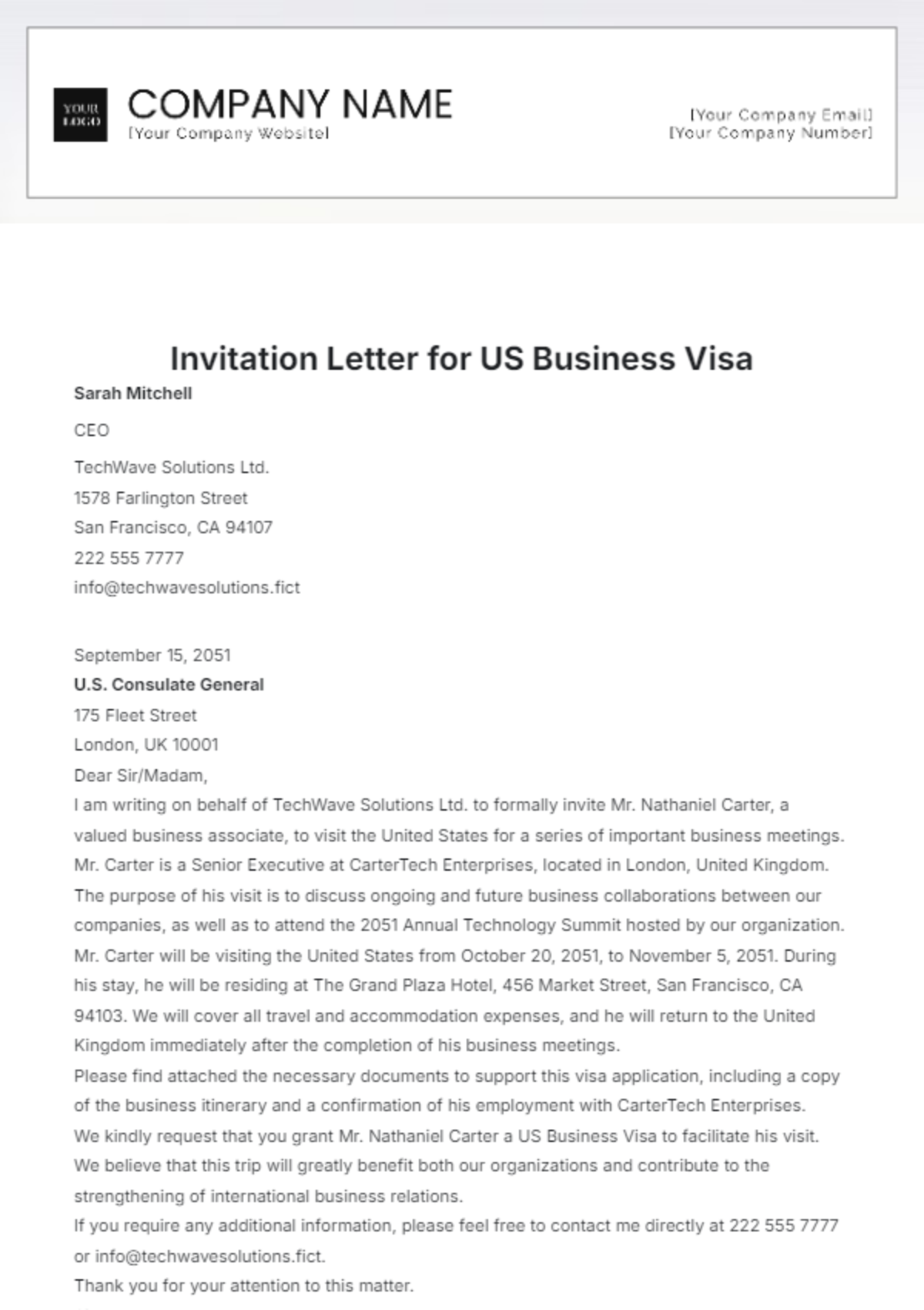 Invitation Letter for US Business Visa Template