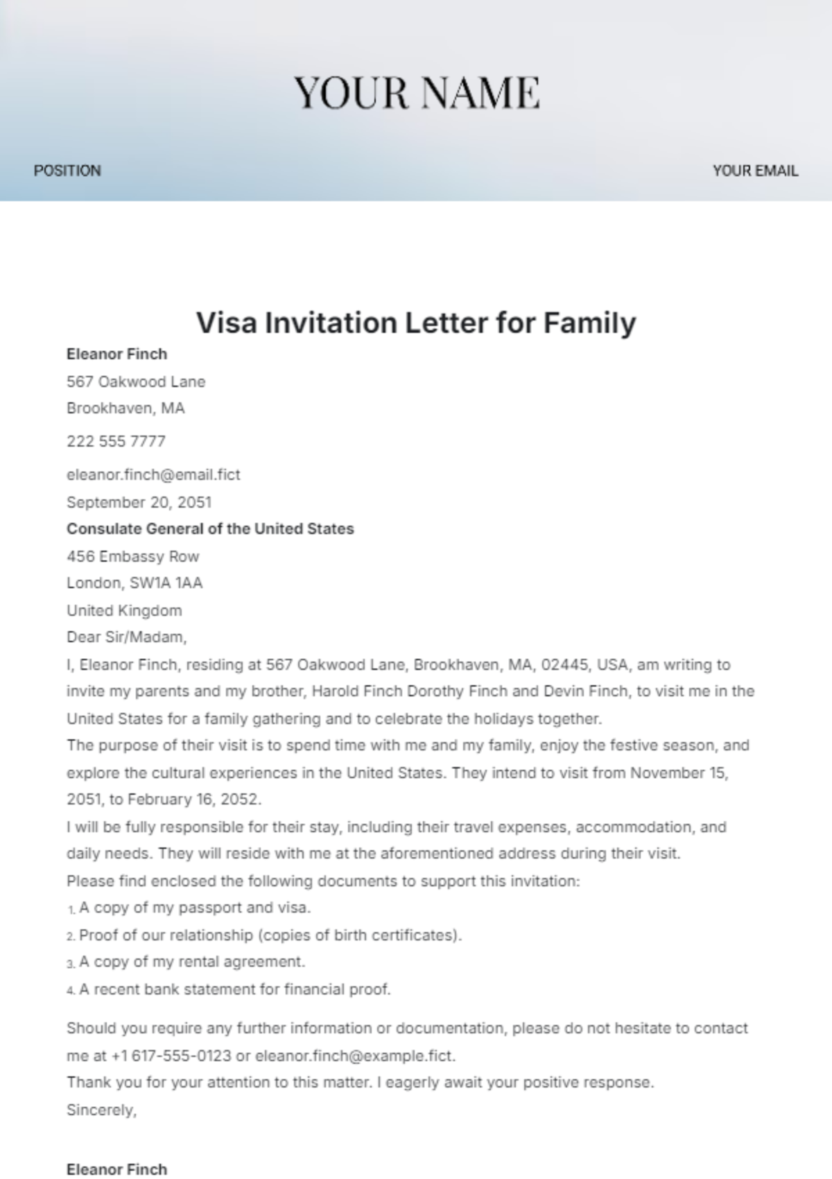 Visa Invitation Letter for Family Template