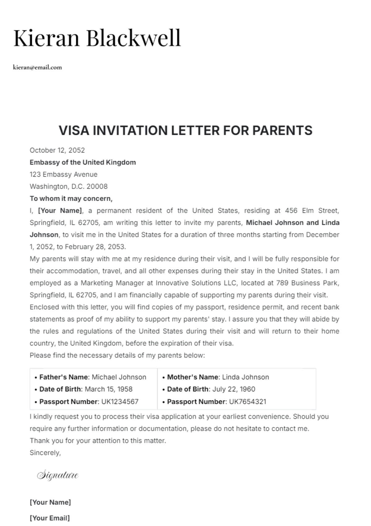 Visa Invitation Letter for Parents Template