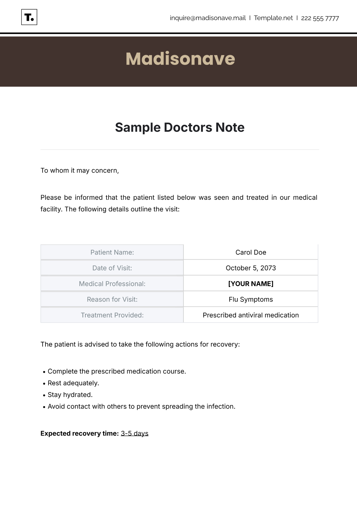 Sample Doctors Note Template