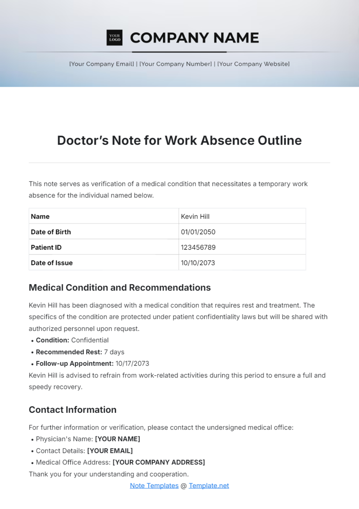 Doctors Note for Work Absence Outline Template - Edit Online & Download