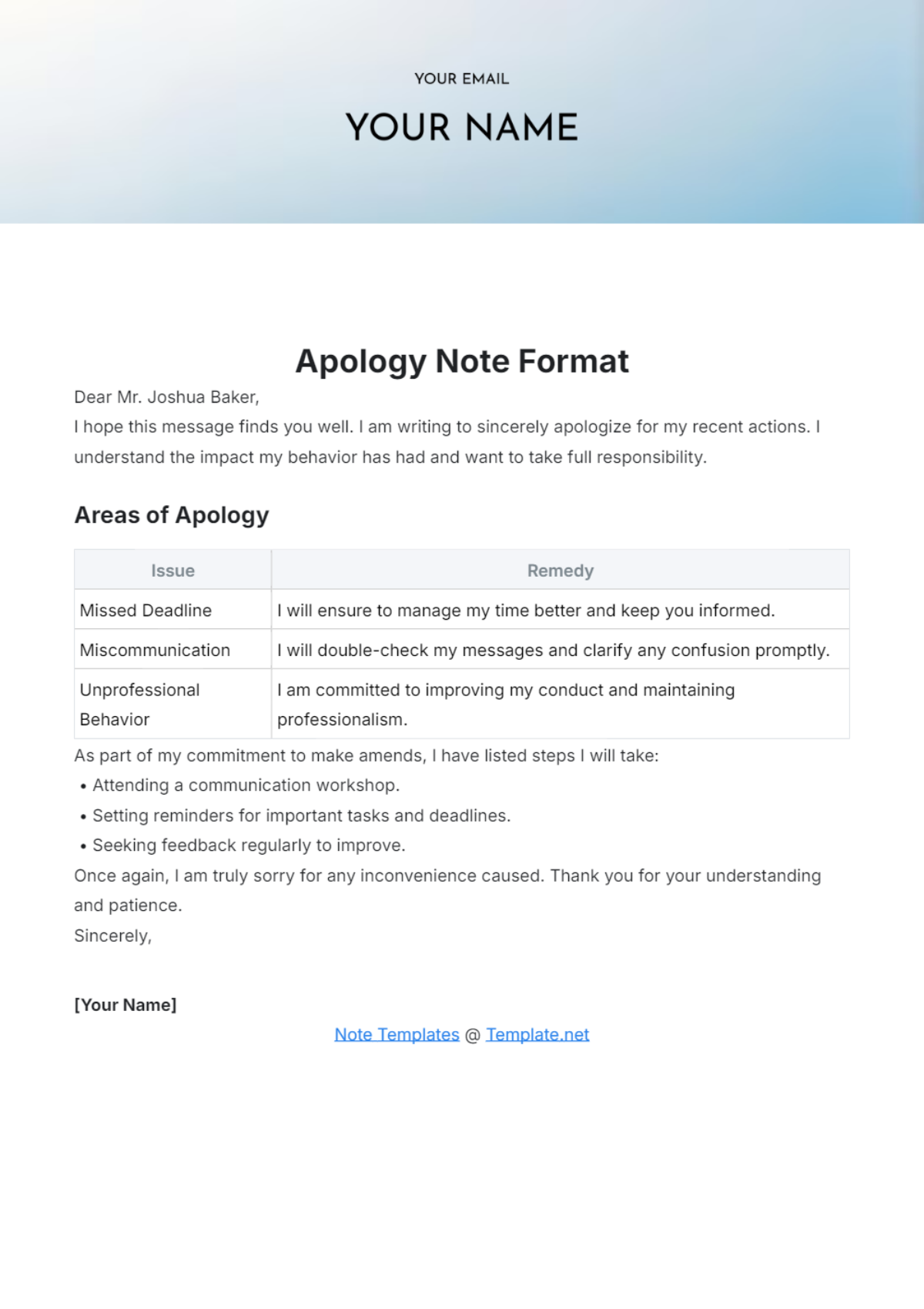 Apology Note Format Template - Edit Online & Download