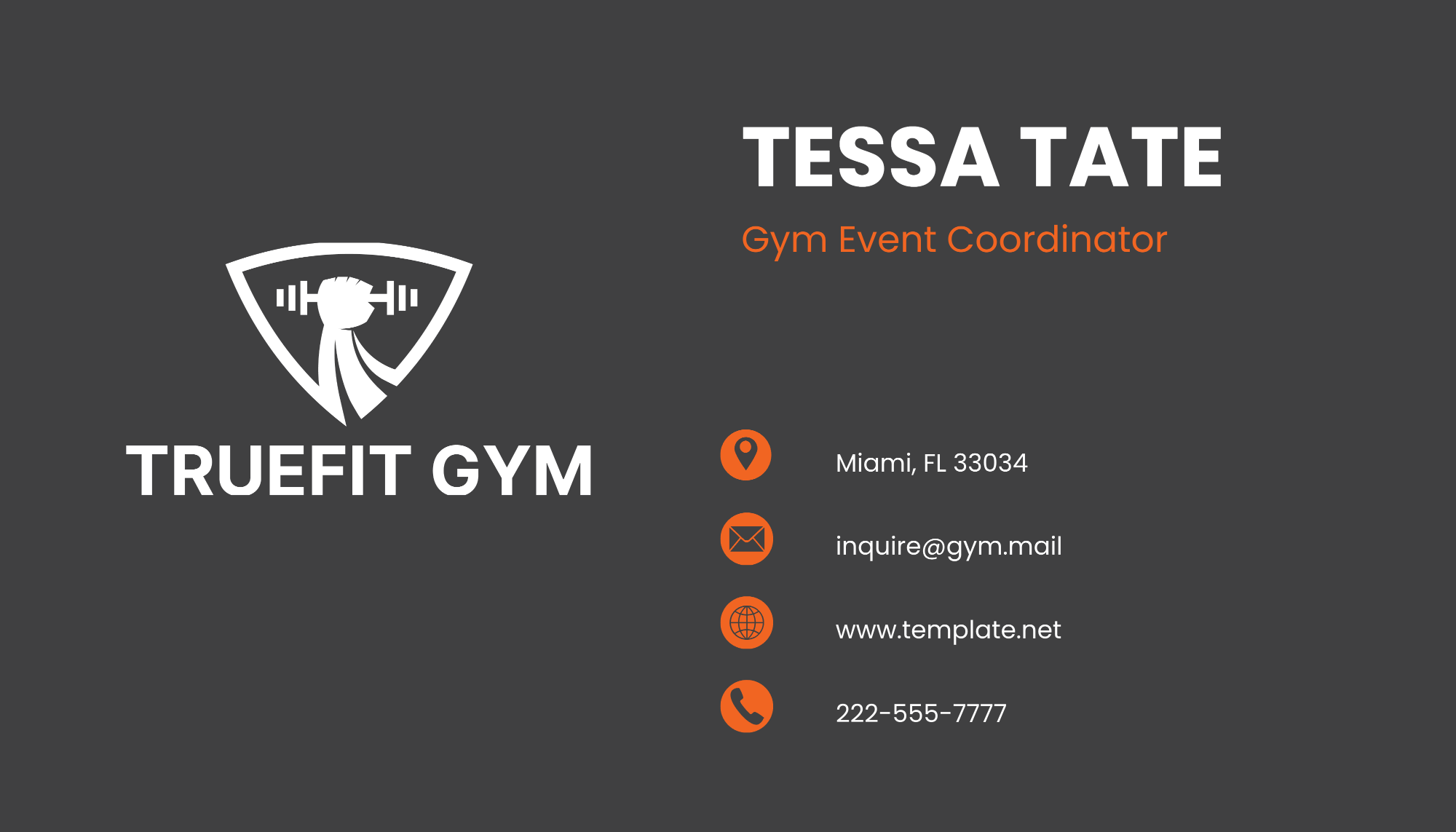 Free Gym Event Coordinator Business Card Template to Edit Online