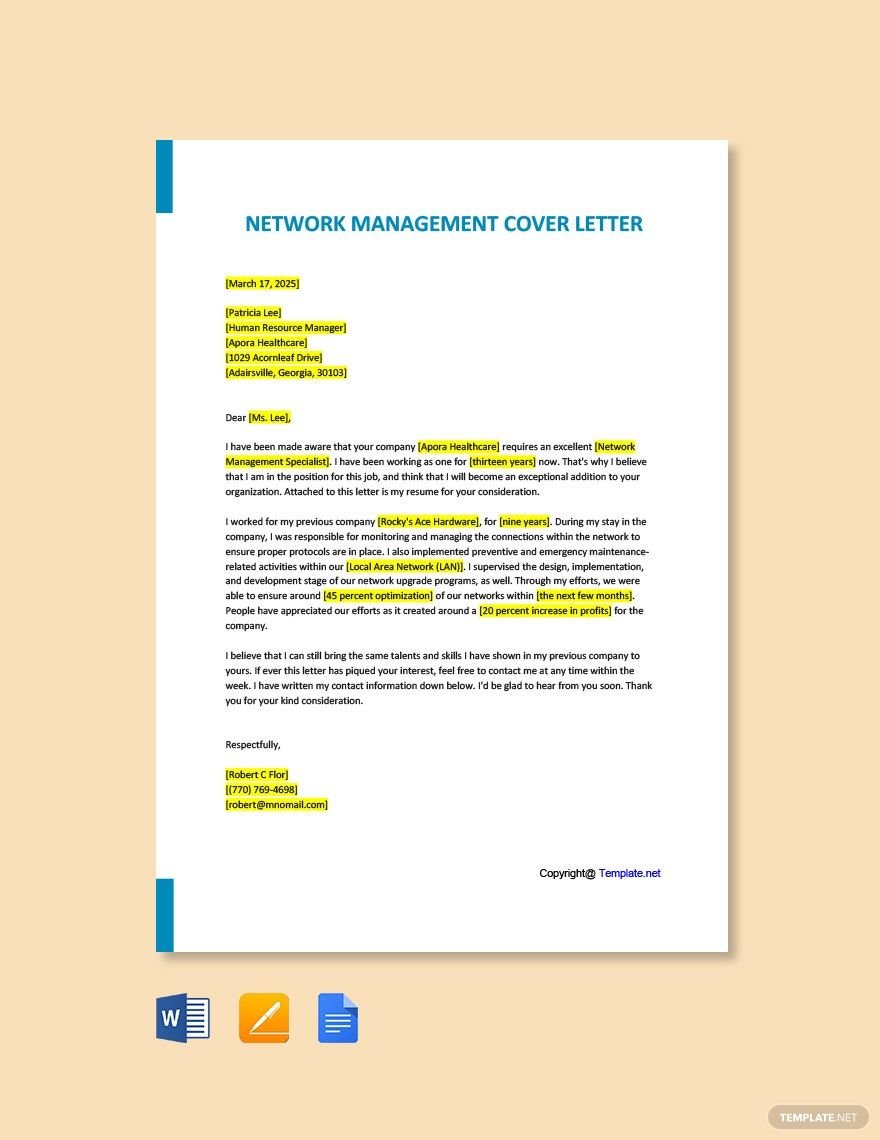 Network Management Cover Letter Template