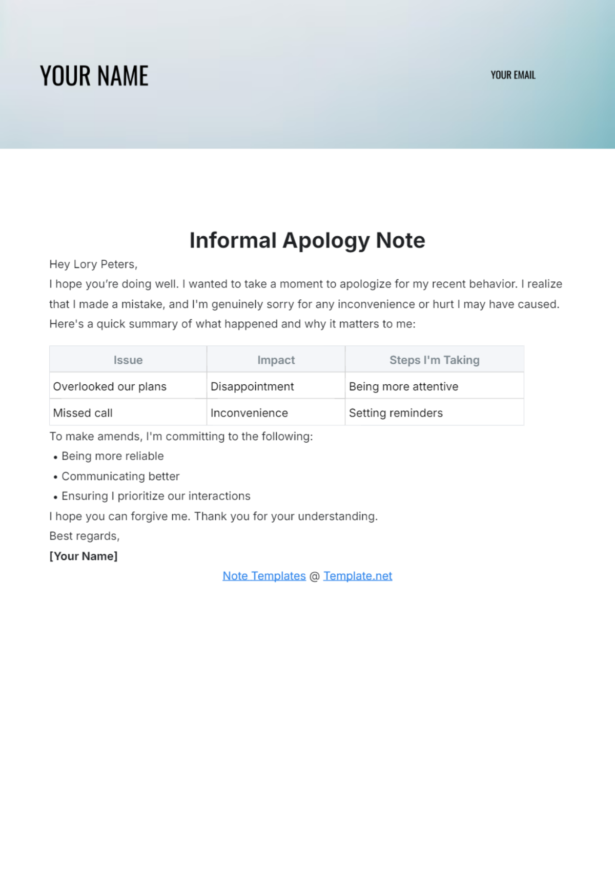 Informal Apology Note Template - Edit Online & Download