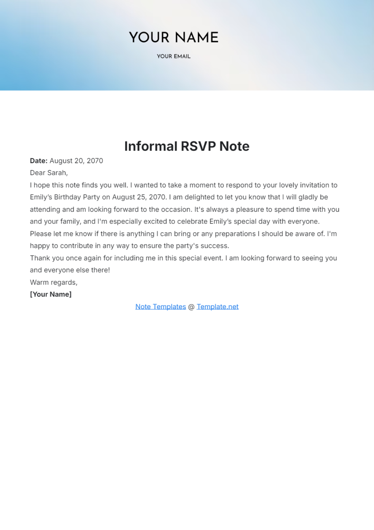 Informal RSVP Note Template - Edit Online & Download