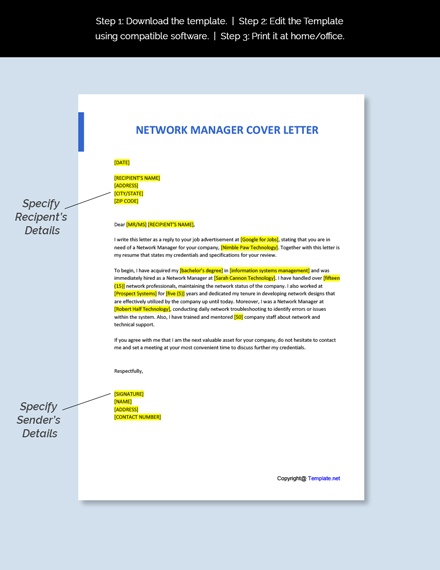 Network Manager Cover Letter Template - Google Docs, Word, Apple Pages ...