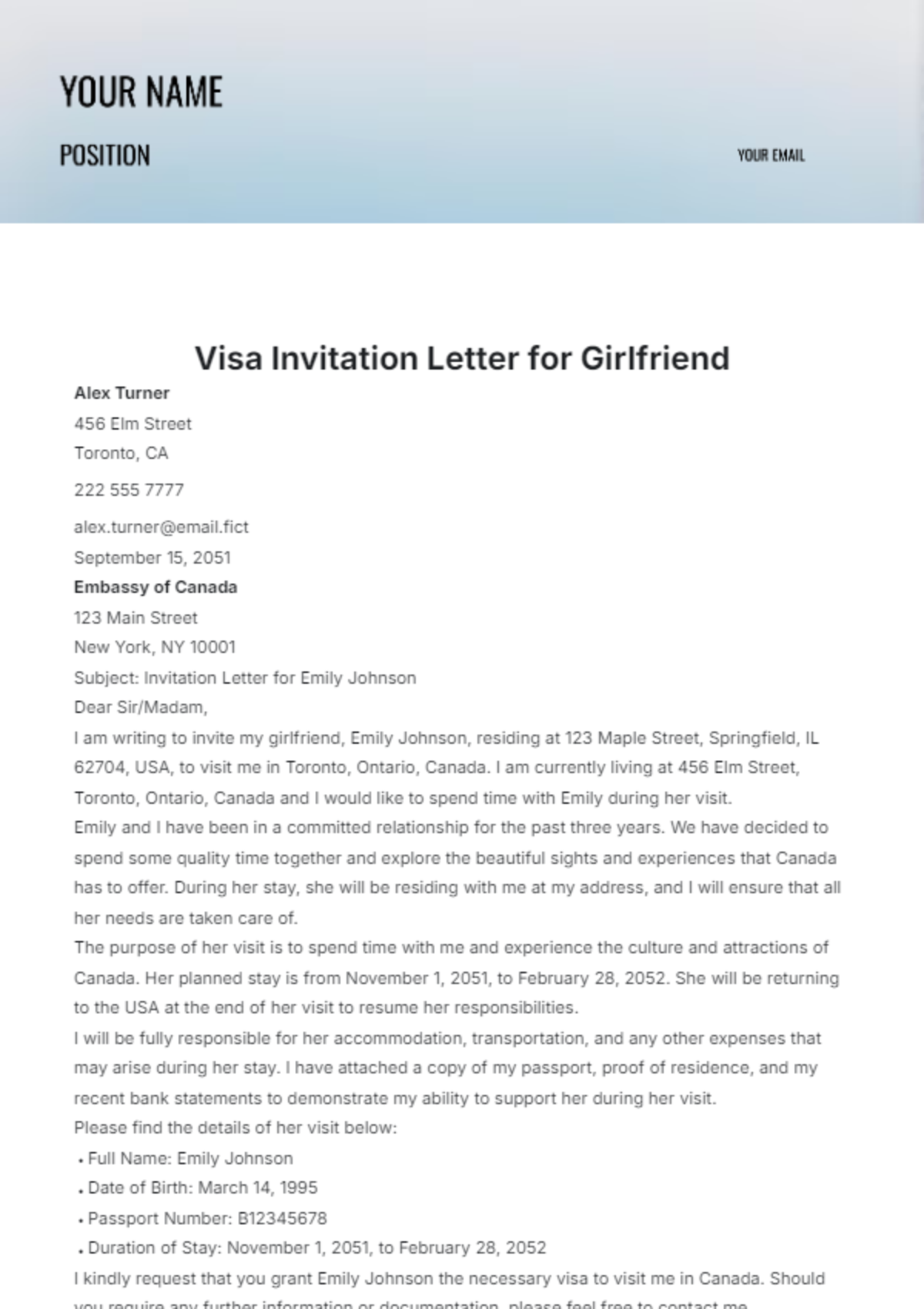 Visa Invitation Letter for Girlfriend Template