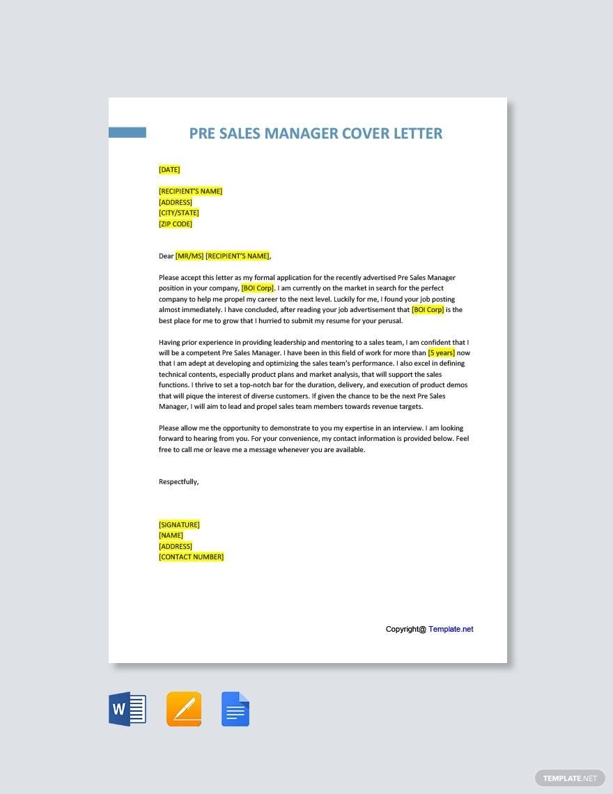 Pre Sales Manager Cover Letter