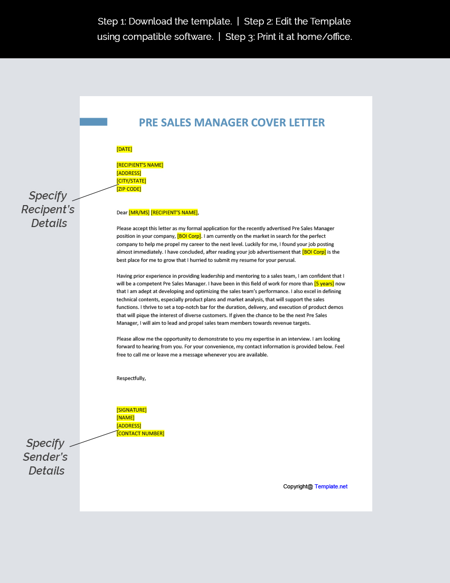 Pre Sales Manager Cover Letter