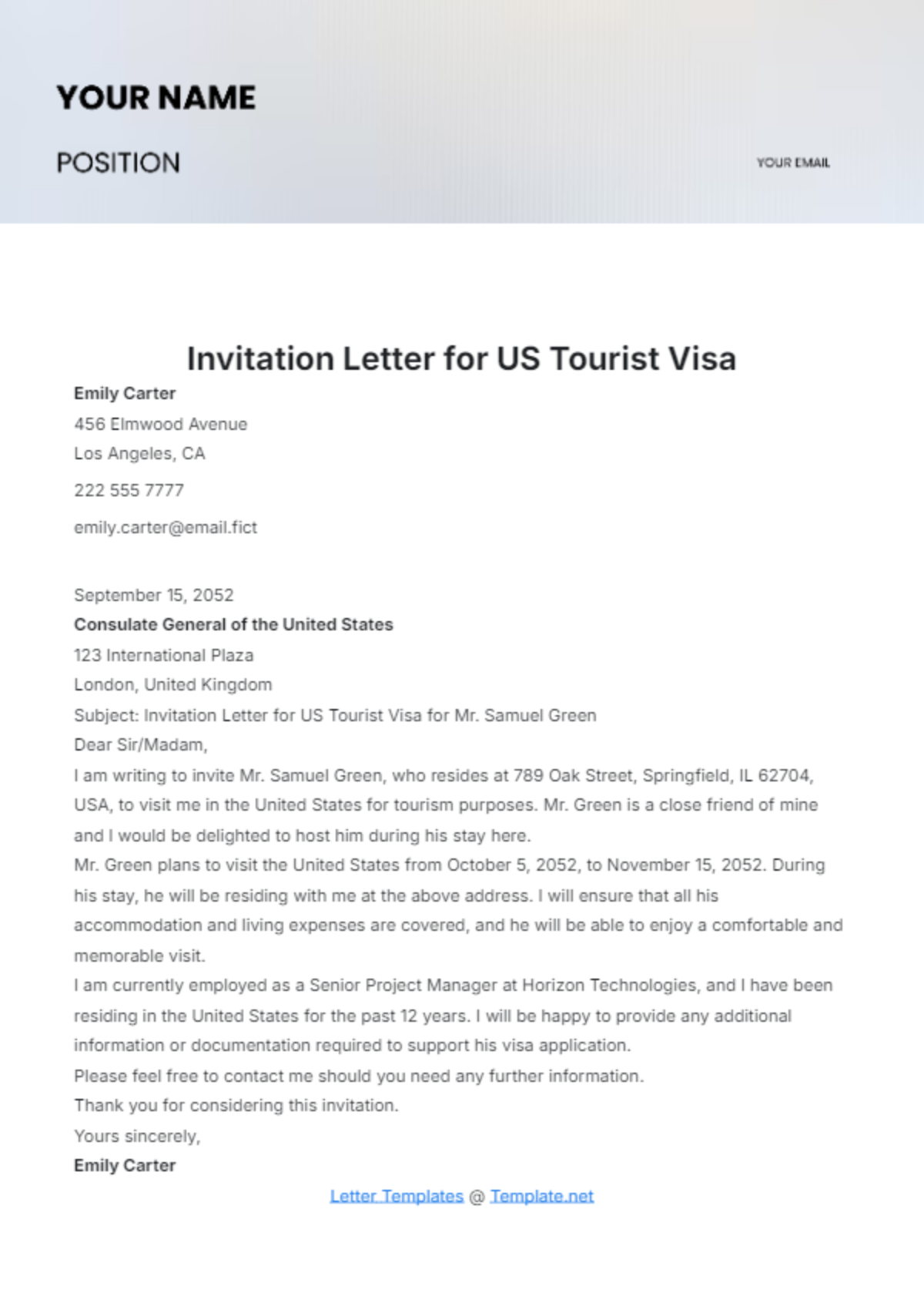 Invitation Letter for US Tourist Visa Template