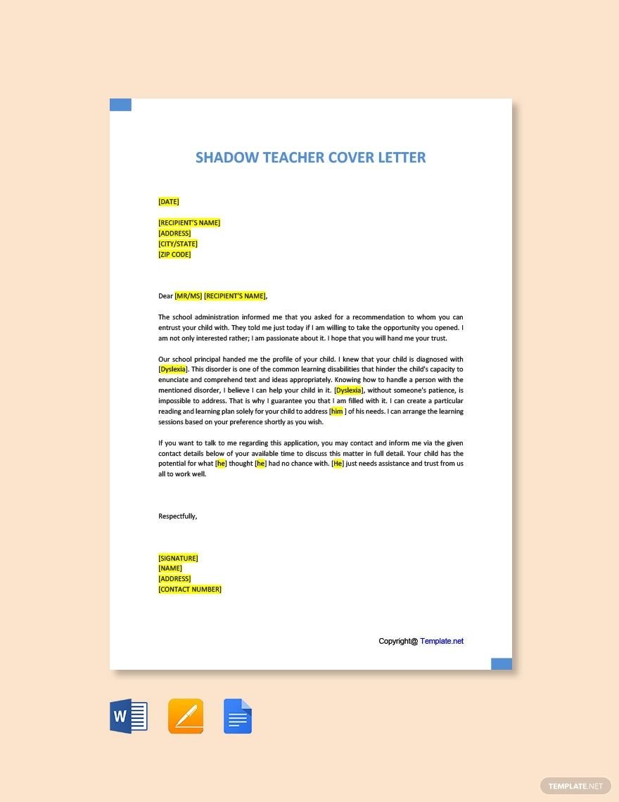 Shadow Teacher Cover Letter in Word, Google Docs, PDF, Apple Pages