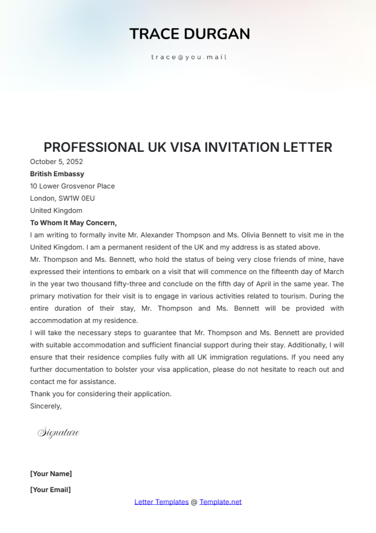 Free Professional UK Visa Invitation Letter Template to Edit Online