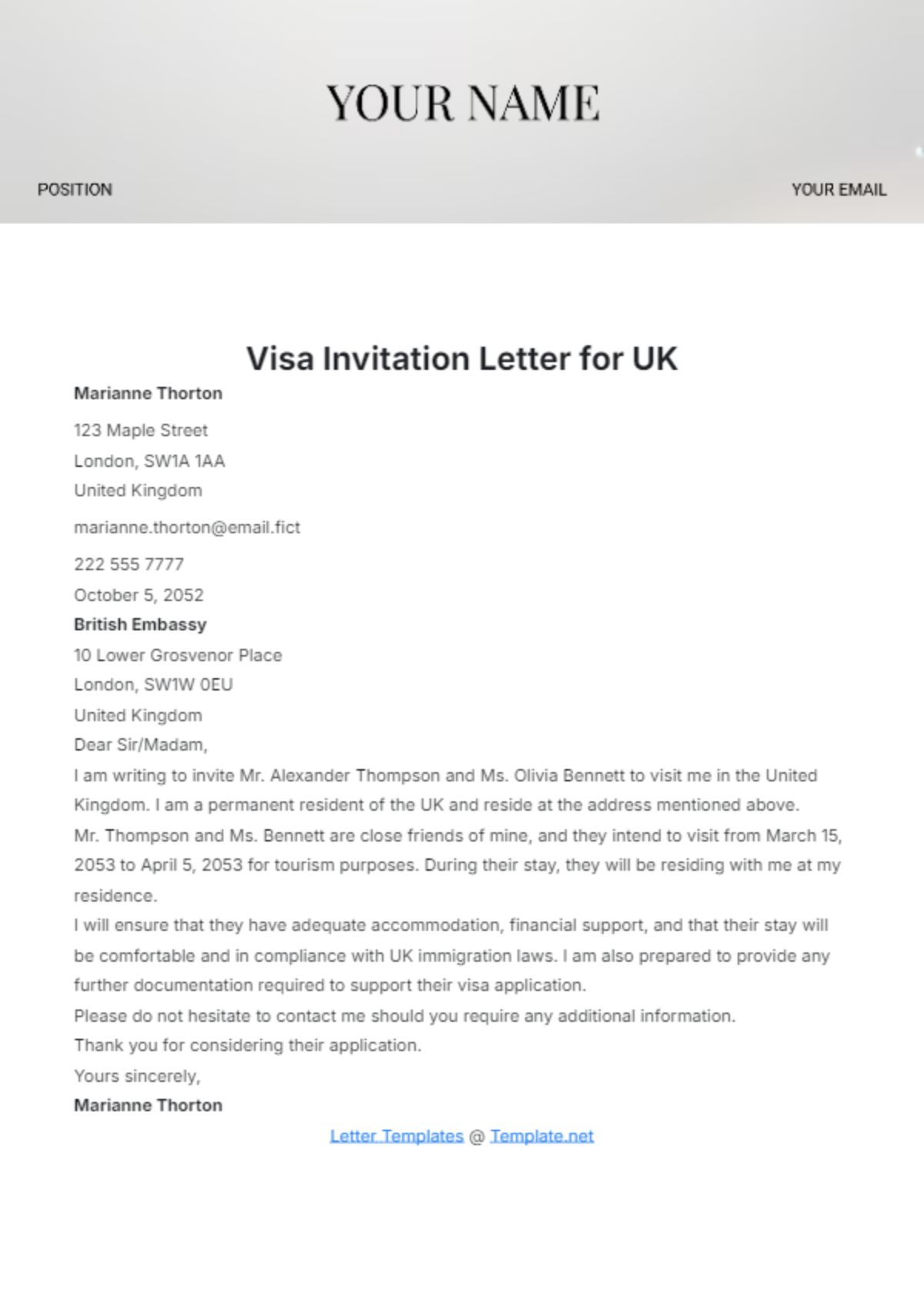 Visa Invitation Letter for UK Template