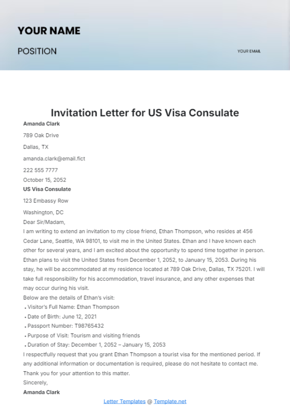 Invitation Letter for US Visa Consulate Template