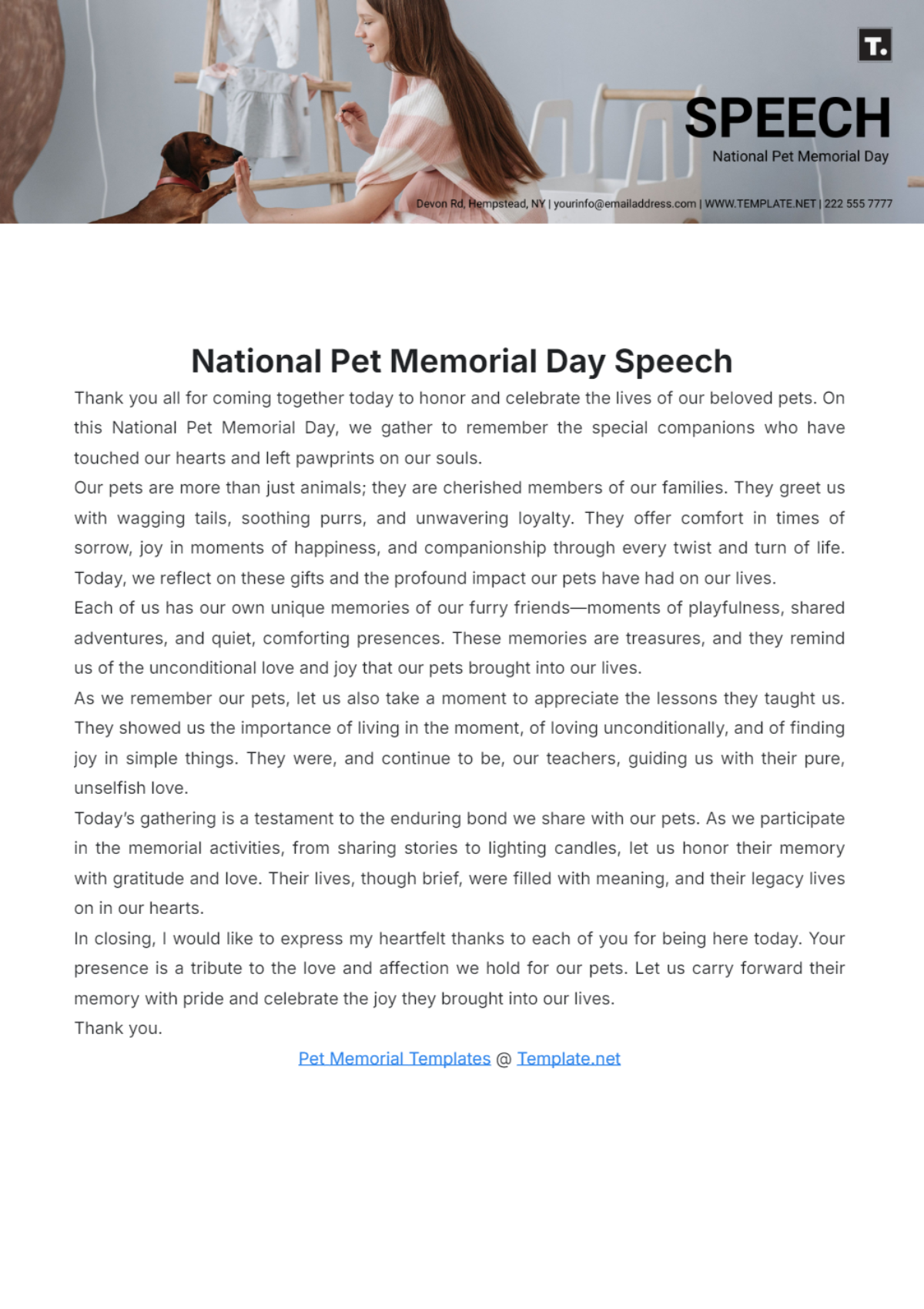 National Pet Memorial Day Speech Template - Edit Online & Download