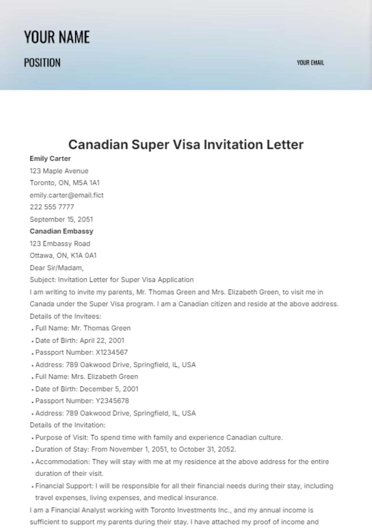 Canadian Super Visa Invitation Letter Template