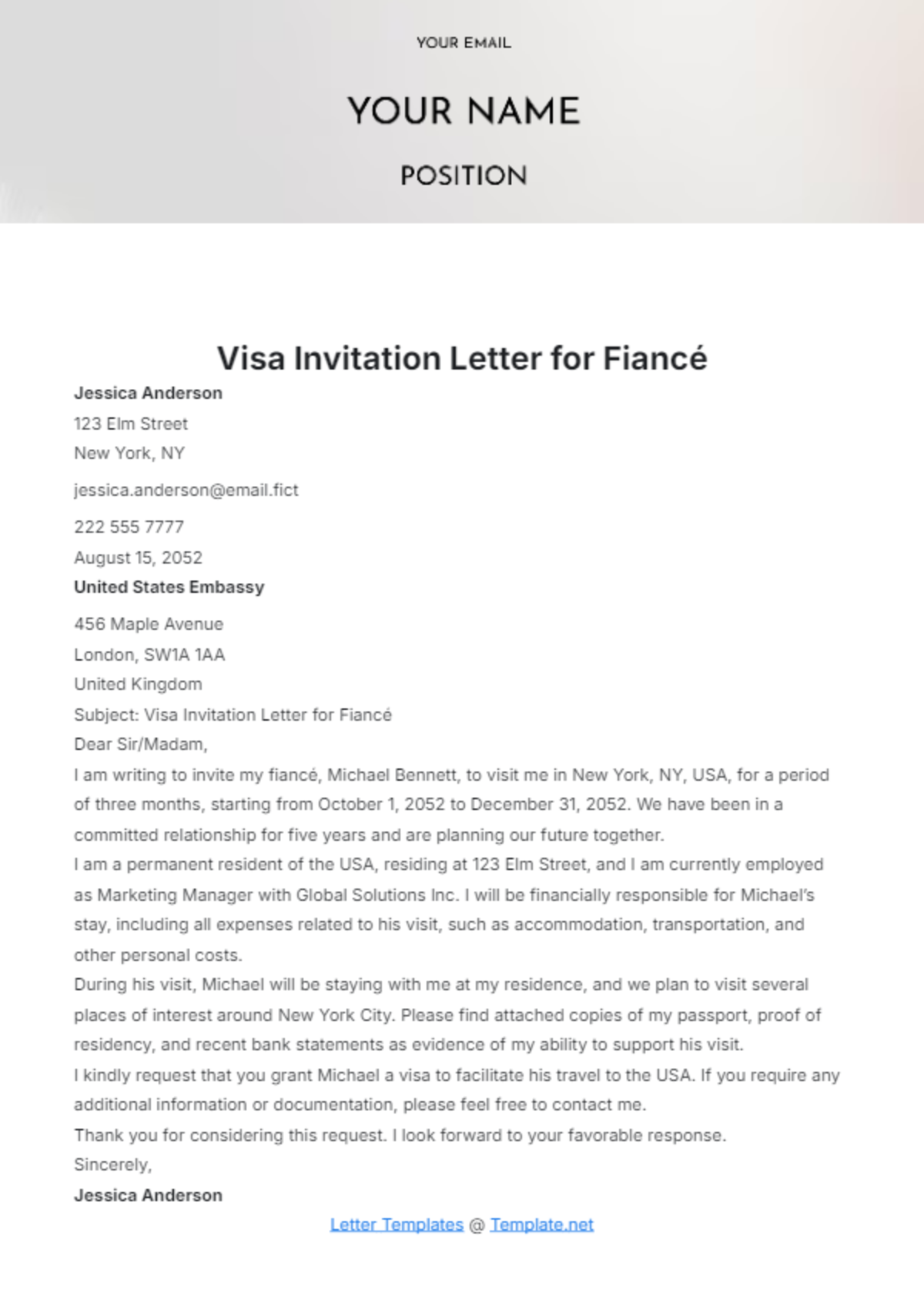 Visa Invitation Letter for Fiancé Template