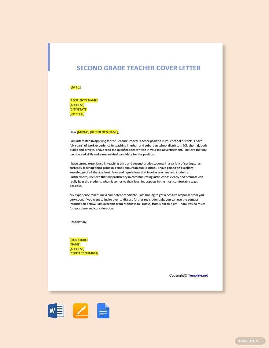 Second Grade Teacher Cover Letter in Word, Google Docs, PDF, Apple Pages