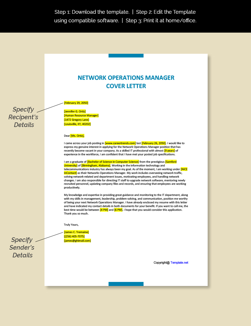 Network Operations Manager Cover Letter Template