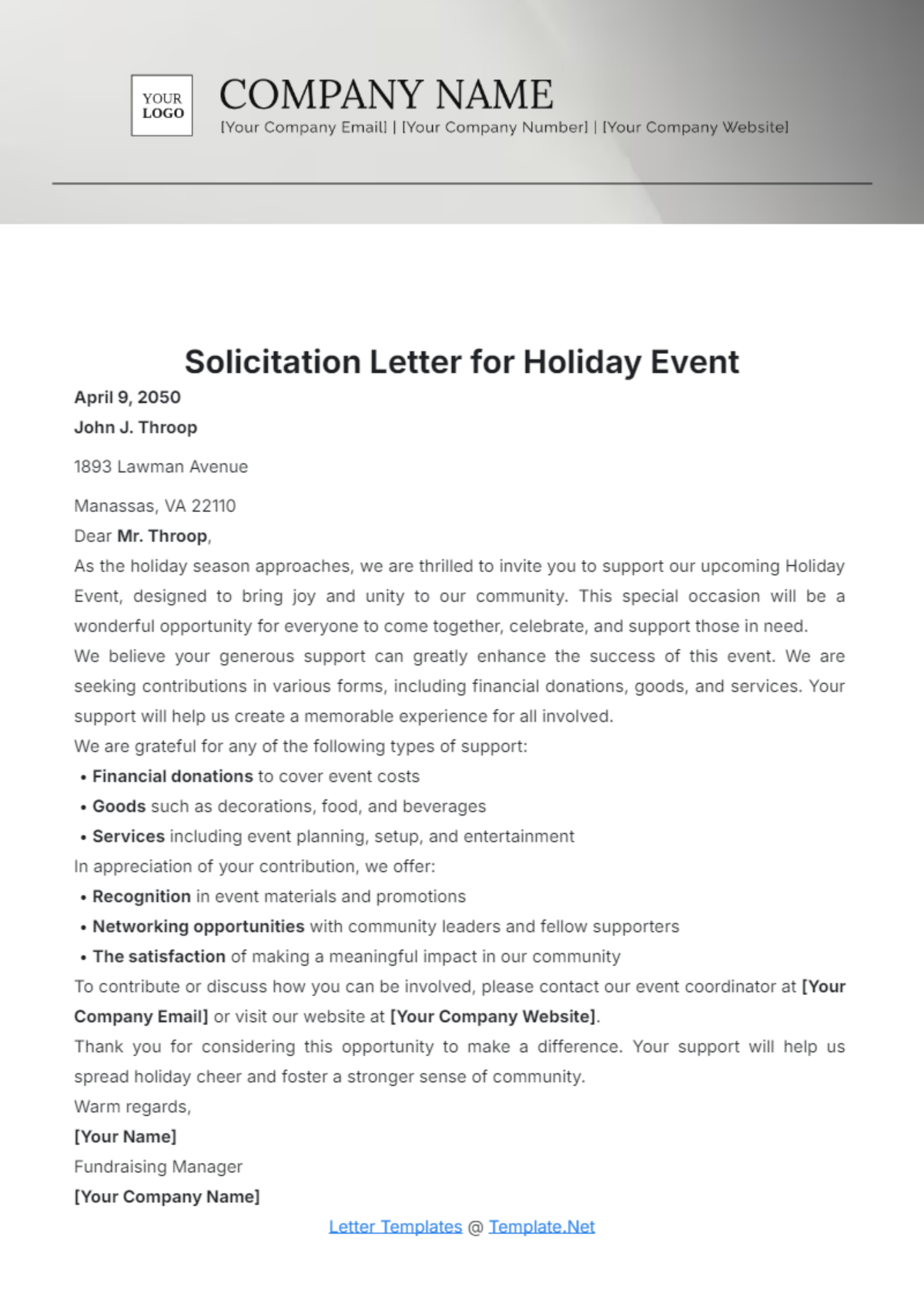 Solicitation Letter for Holiday Event Template - Edit Online & Download