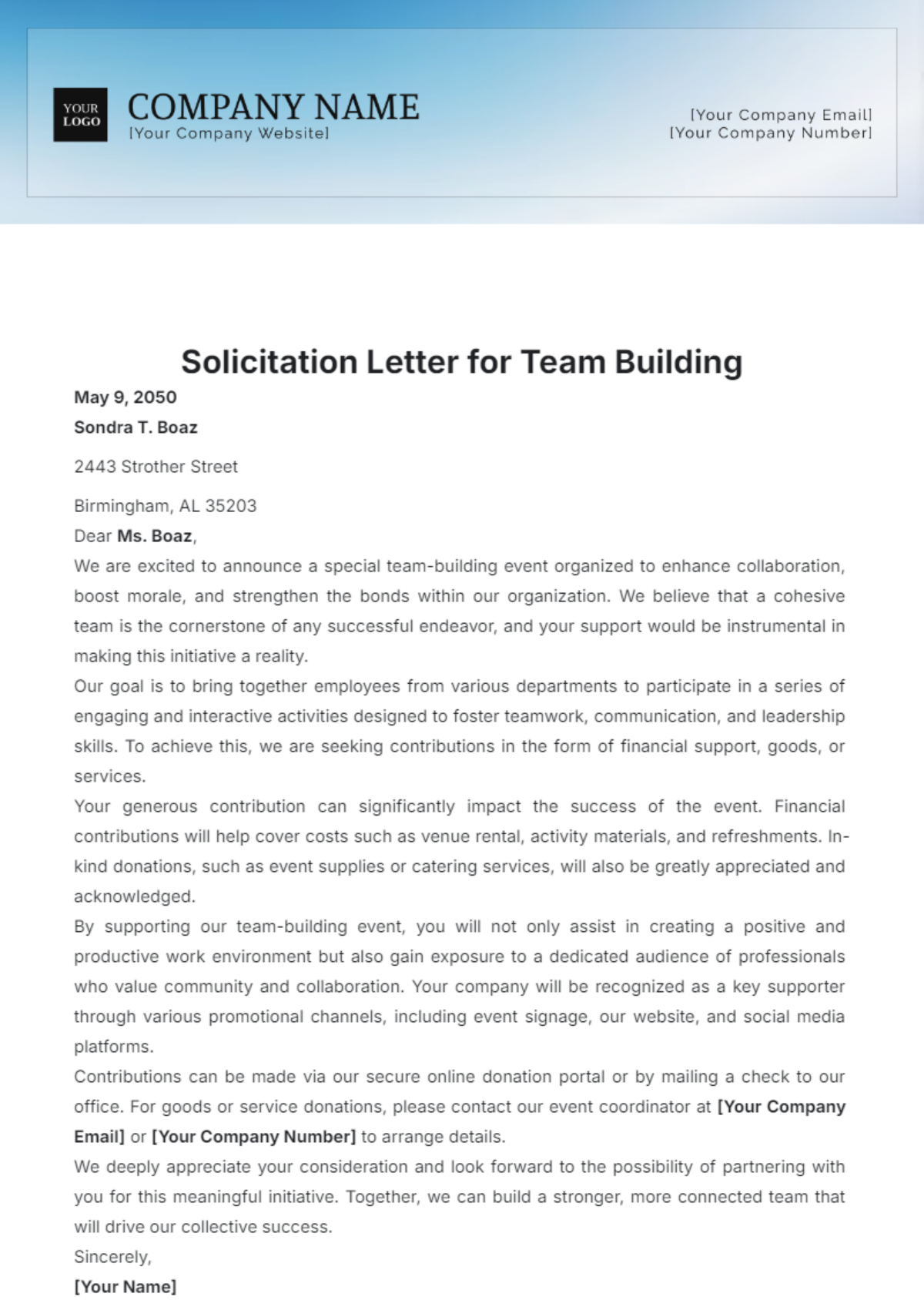 Solicitation Letter for Team Building Template - Edit Online & Download