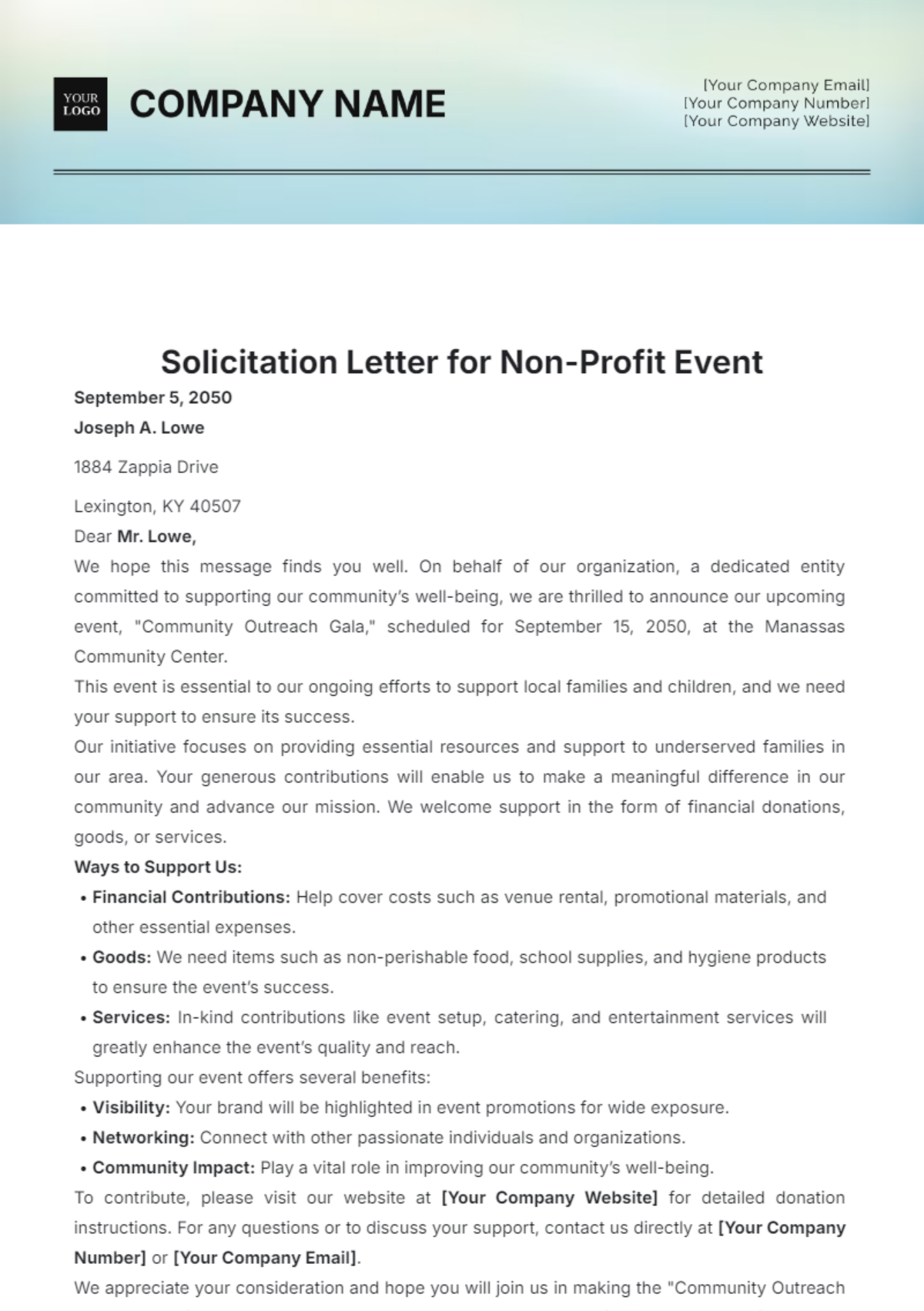 Solicitation Letter for Non-Profit Event Template - Edit Online & Download