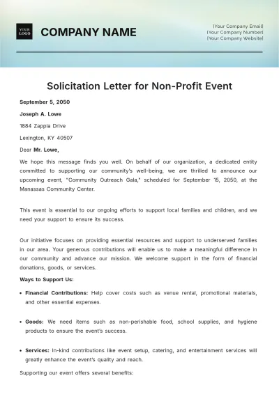 Free Solicitation Letter for Non-Profit Event Template to Edit Online
