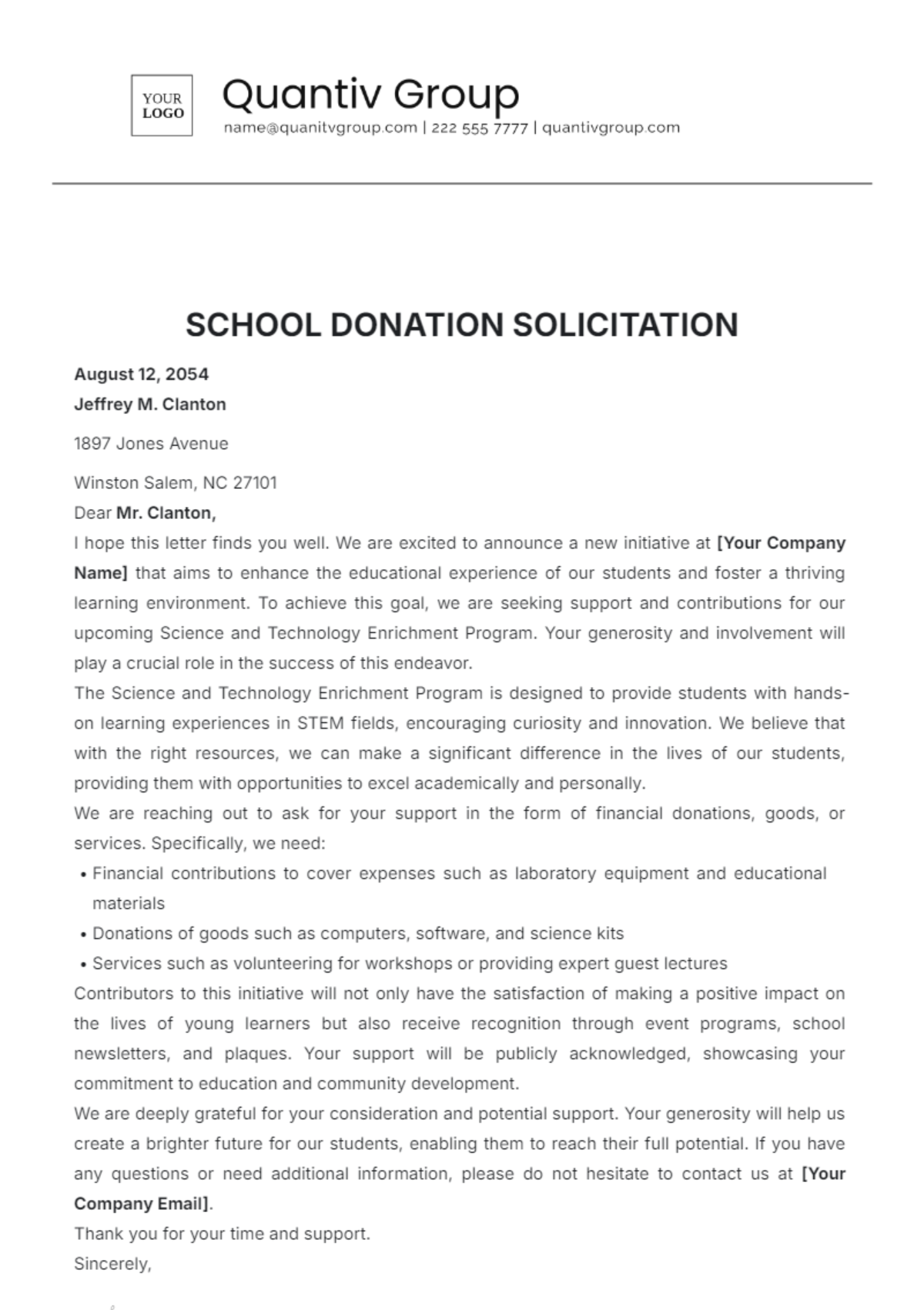 School Donation Solicitation Template - Edit Online & Download