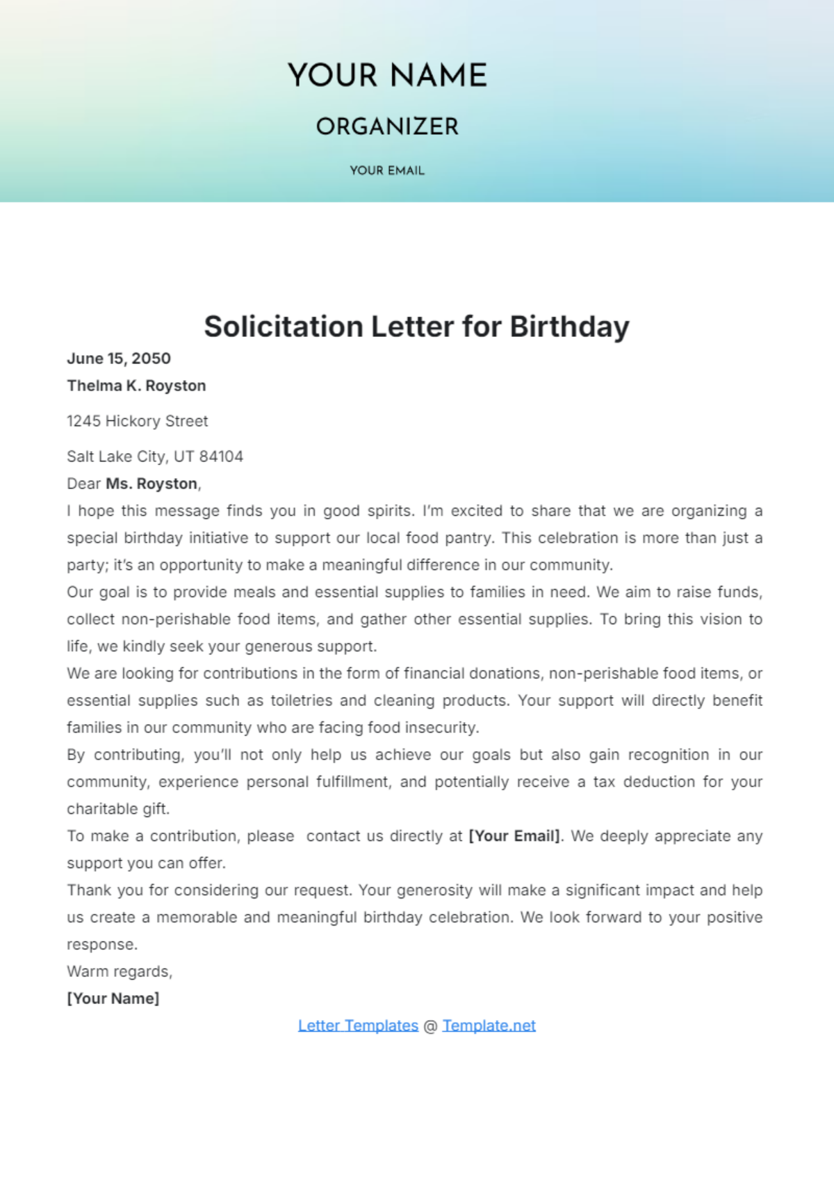 Solicitation Letter for Birthday Template - Edit Online & Download