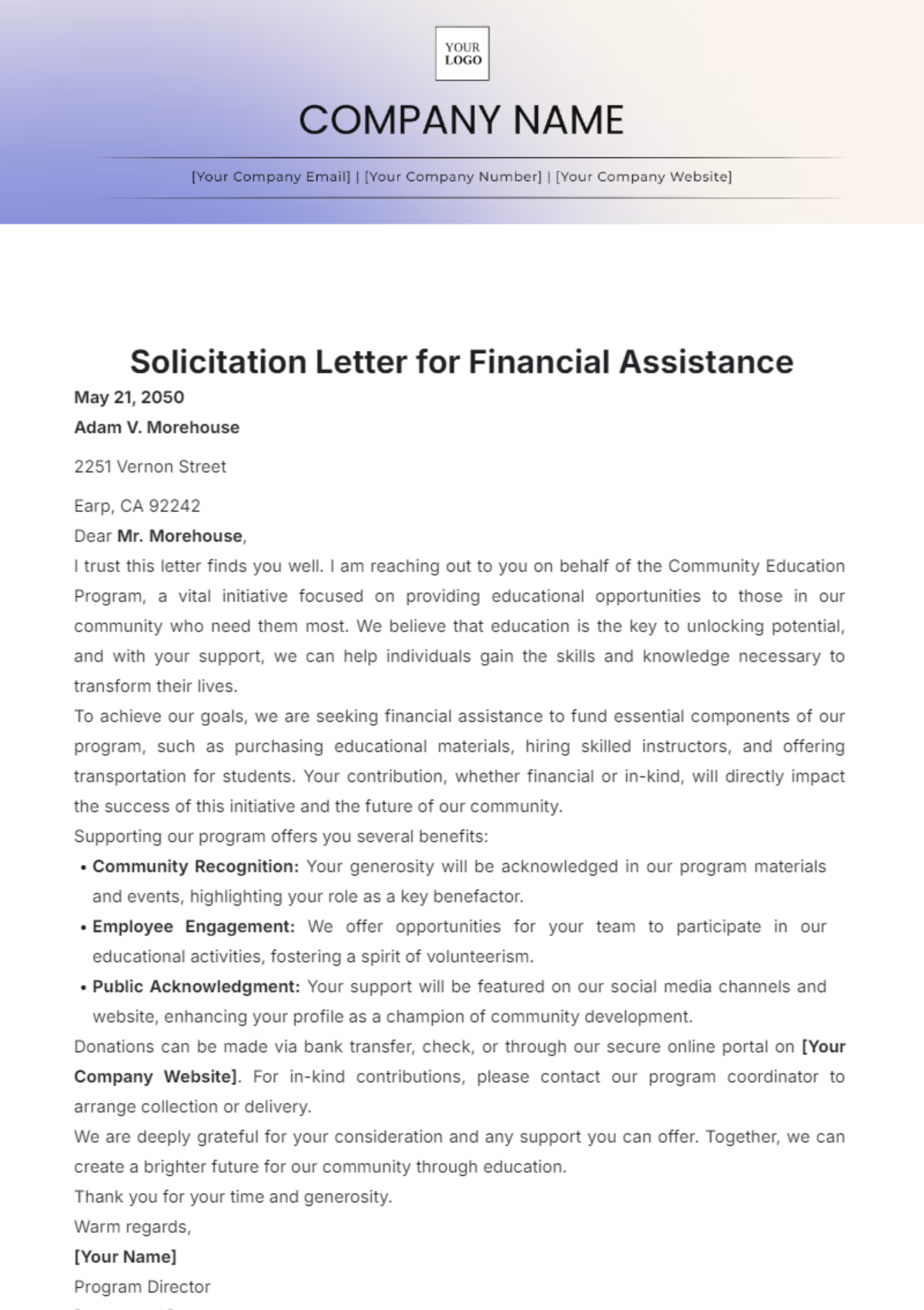 Solicitation Letter for Financial Assistance Template