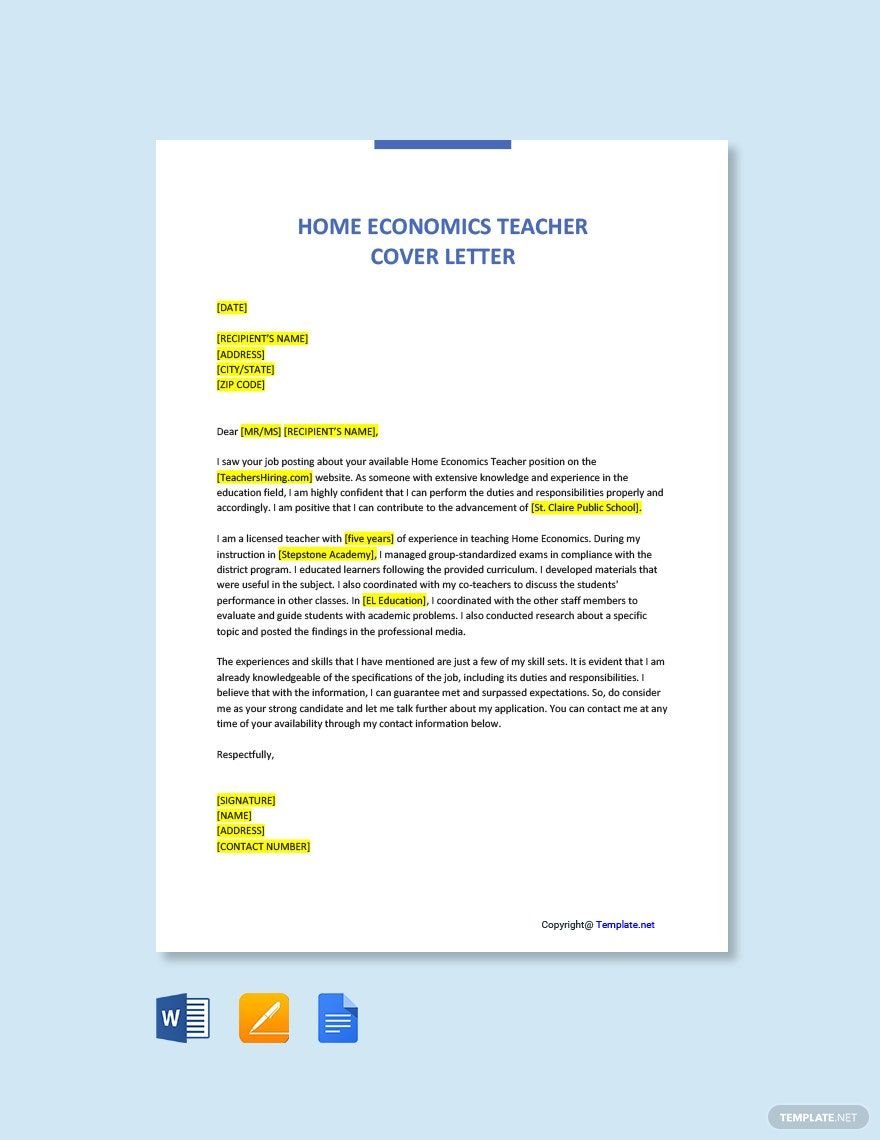 Home Economics Teacher Cover Letter